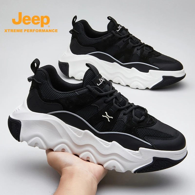 Jeep爆款男鞋2024新款秋季透气网面跑步运动休闲厚底增高老爹潮鞋
