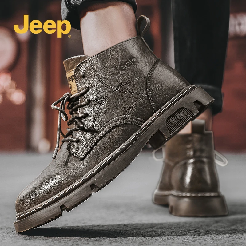 Jeep吉普男鞋2025新款高帮工装春季英伦风上班防滑厚底登山马丁靴