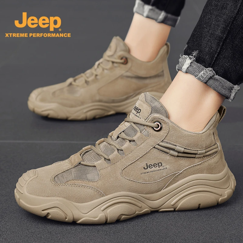 Jeep高帮男鞋真皮2025春季运动防滑登山徒步户外休闲工作劳保鞋男