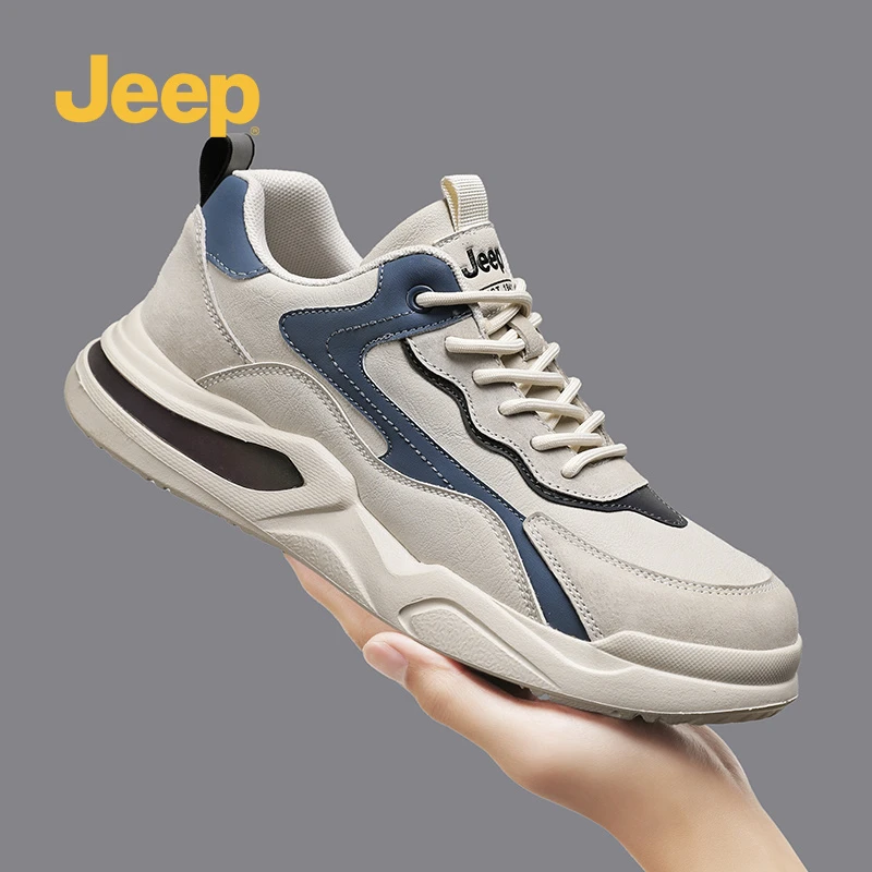 Jeep吉普2025春季户外登山男鞋时尚休闲鞋皮面厚底德训鞋耐磨板鞋