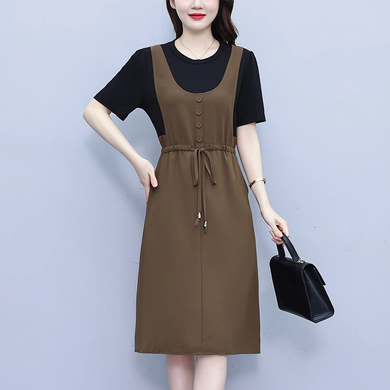 高档连衣裙妈妈装直播短袖新款假两件显瘦时尚减龄遮肚子宽松女装