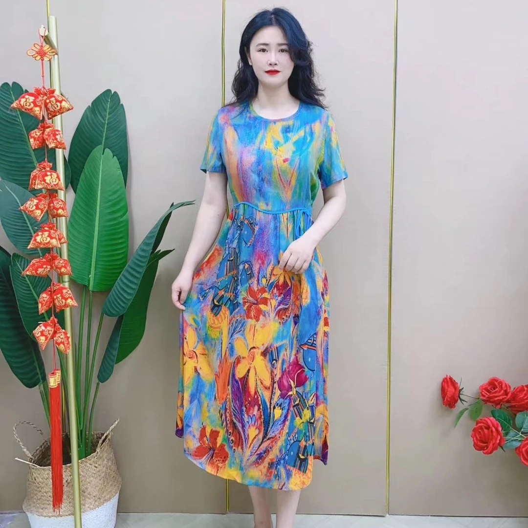 夏季新款大码时尚气质洋气印花休闲宽松女装过膝连衣裙宽松连衣裙