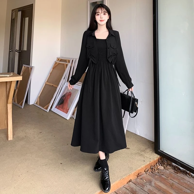 大码女装2023秋冬新款减龄高腰松紧收腰吊带连衣裙+开衫小外套