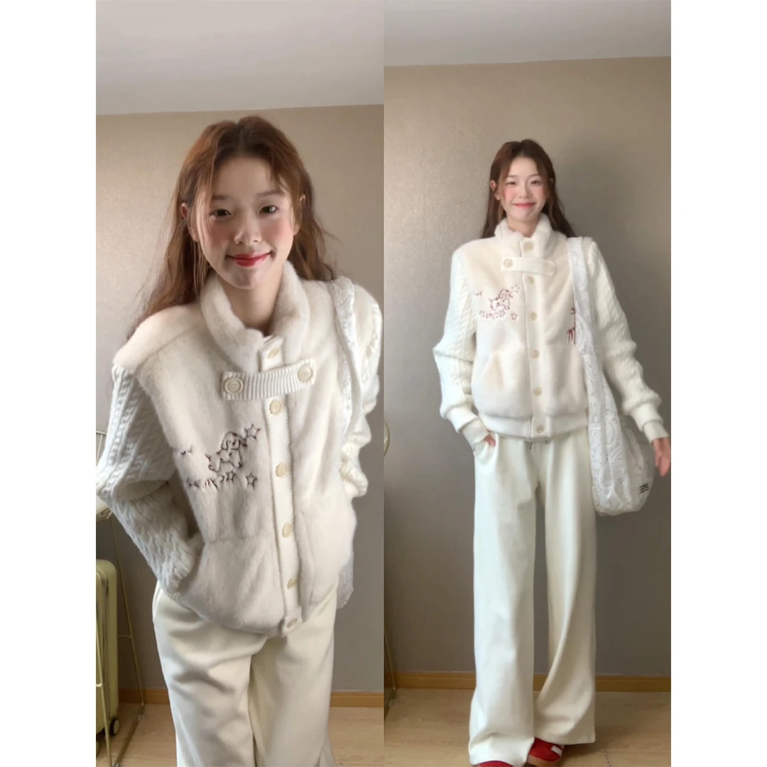 白色立领短款针织拼接夹棉外套女冬季加绒加厚保暖软糯超好看上衣