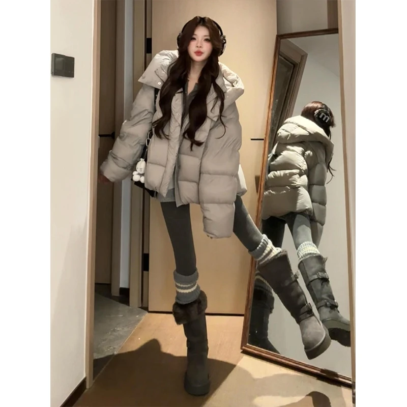 韩系浅灰色短款立领连帽棉服女冬季新款加厚保暖棉衣外套宽松上衣