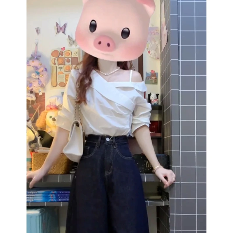 法式露肩白色气质吊带衬衫女夏季设计感小众独特漂亮别致绝美上衣