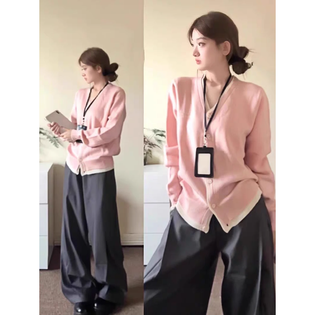 粉色甜妹慵懒风拼接假两件毛衣开衫女秋冬季宽松休闲针织外套上衣