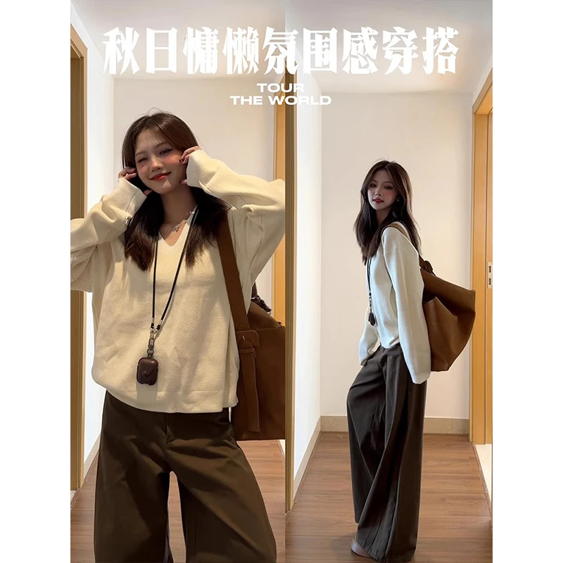 早秋美拉德穿搭咖色压褶休闲裤女秋季新款宽松垂感百搭阔腿长裤子