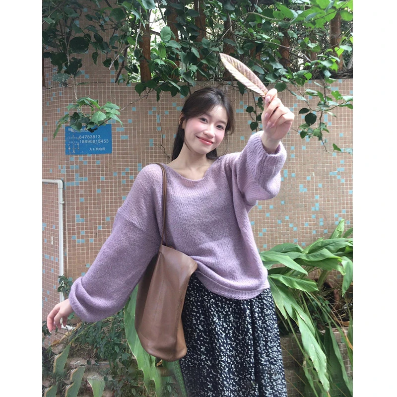 高级感紫色针织毛衣女2024秋装穿搭韩系气质显瘦半身裙两件套装