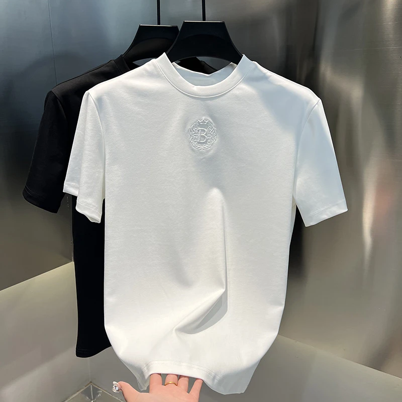 2024 秋冬新款男装短袖潮流简约时尚休闲带标韩版男士T恤半袖打底