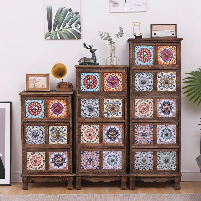 美式立式实木斗柜抽屉式收纳柜客厅储物柜阳台多层置物柜卧室彩绘