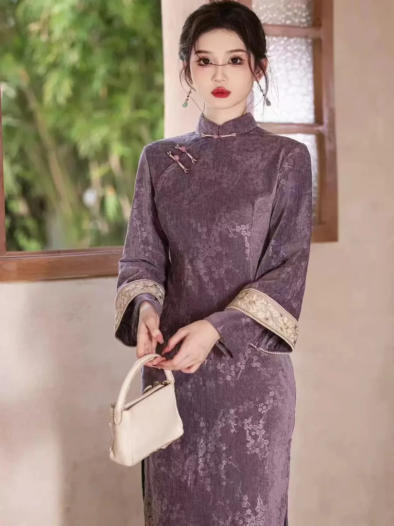 淑女范紫色中式改良旗袍倒大袖日常通勤连衣裙