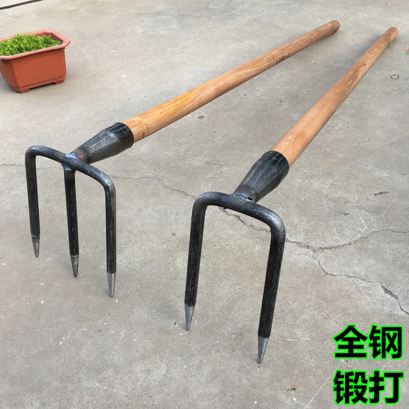 翻土钢耙子二齿三齿四齿钉耙松土耙两齿镐锰钢农用三四齿锄头大号