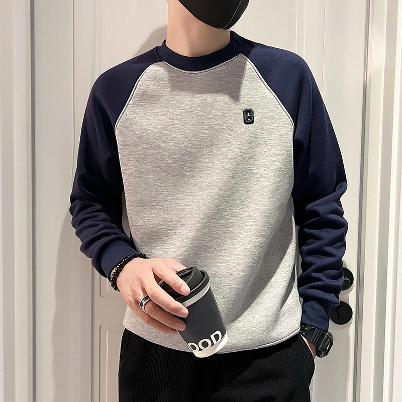 男装秋款上新2023爆款加绒加厚撞色卫衣痞帅上衣打底衫长袖T恤