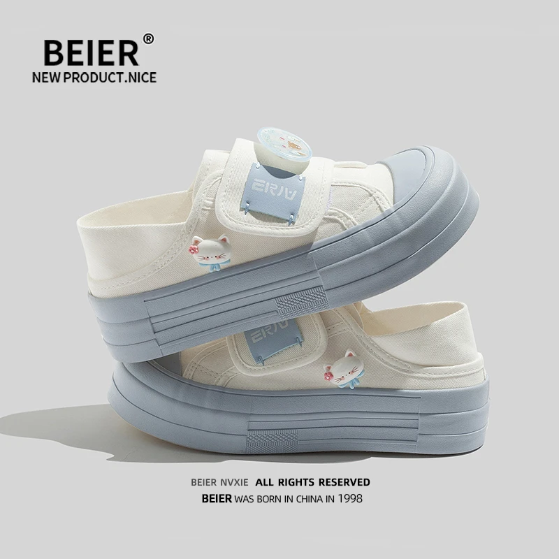 BEIER厚底魔术贴帆布鞋女2024春夏新款百搭小众设计休闲板鞋6710