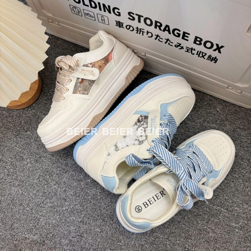 BEIER小白鞋女2024夏季新款透气亮片拼接时尚潮百搭休闲板鞋B1609