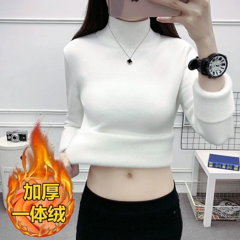 加绒加厚一体绒毛衣女冬季新款时尚保暖修身针织打底衫内搭上衣女