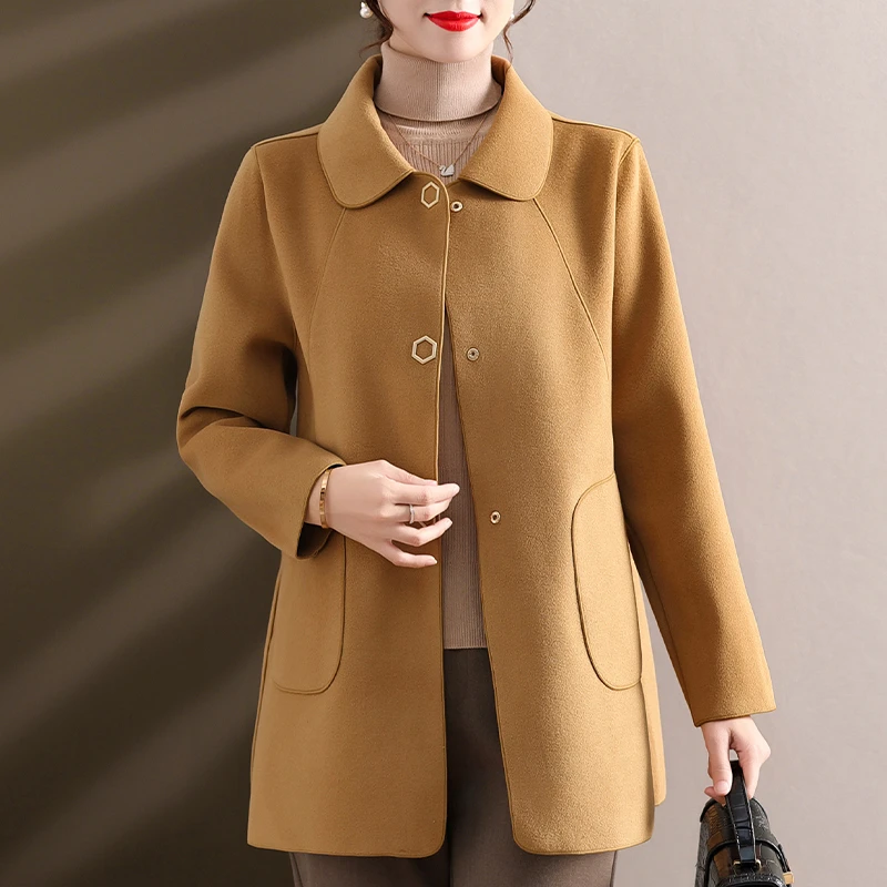 妈妈春装双面呢大衣2024新款中年妇女风衣中老年女装春秋洋气外套