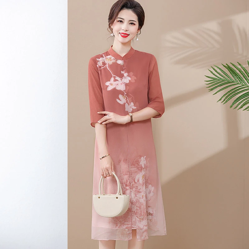 母亲节中年妈妈装夏装连衣裙洋气夏季中老年女装高贵雪纺旗袍裙子