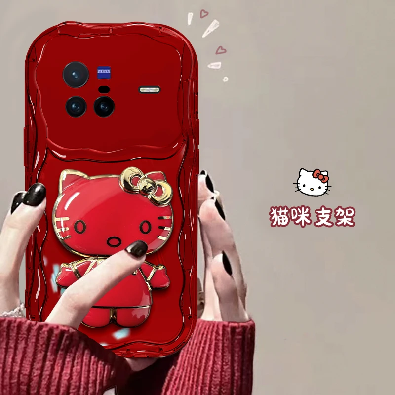 vivo X80手机壳奶油纹猫猫支架高颜值透红硅胶全包防摔女款软壳