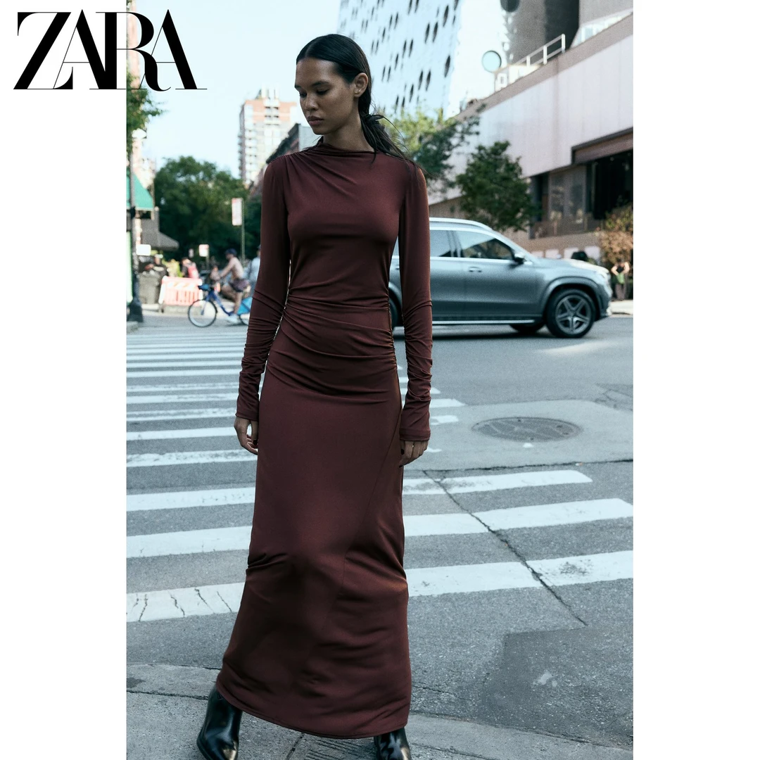 ZARA24秋冬新款 女装 褶皱装饰长连衣裙 2180258 705