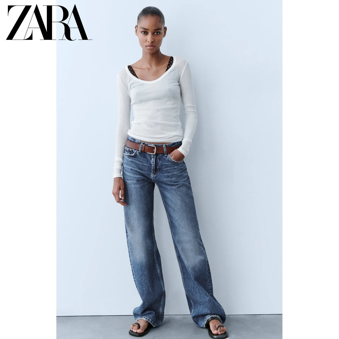 ZARA24春季新品  女装  阔腿中腰长款牛仔裤 6045228 401