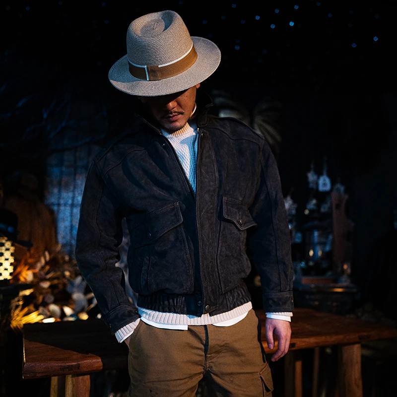 莫臣男装复古蓝灰色牛皮真皮皮衣翻领休闲短款秋冬加棉夹克AN2407