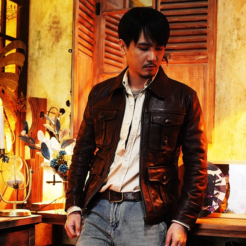 莫臣杰森油蜡头层牛皮棕色真皮皮衣翻领男士机车皮夹克外套2098