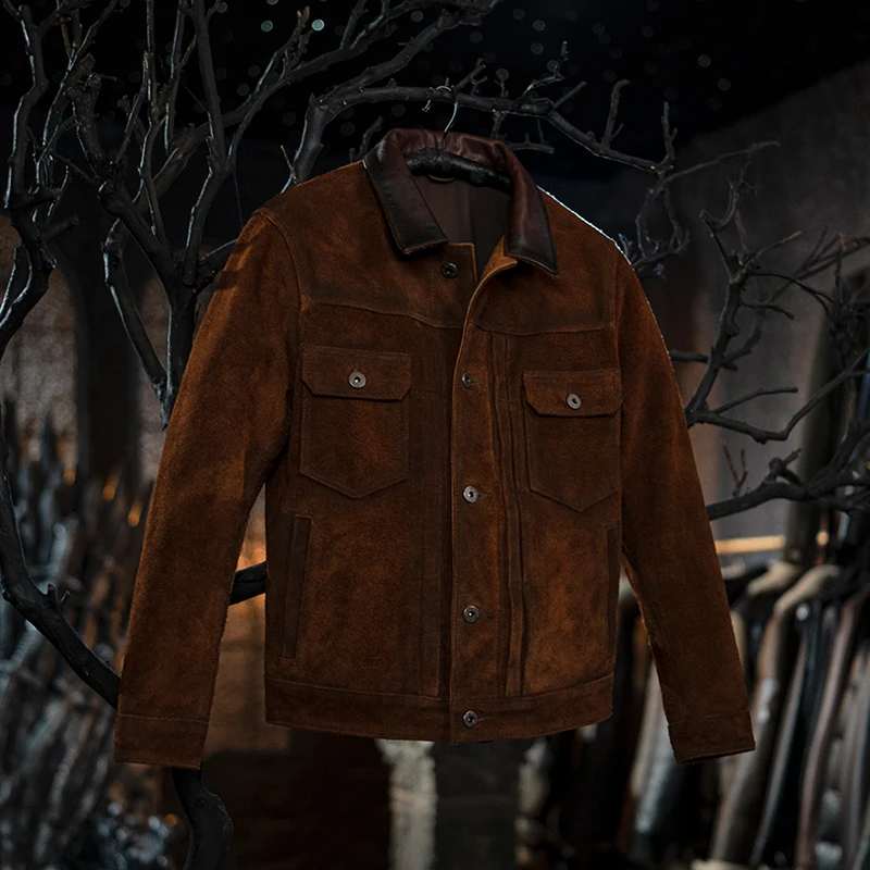 莫臣男装真皮皮衣F506时尚美式休闲短款牛皮反绒做旧棕色皮夹克