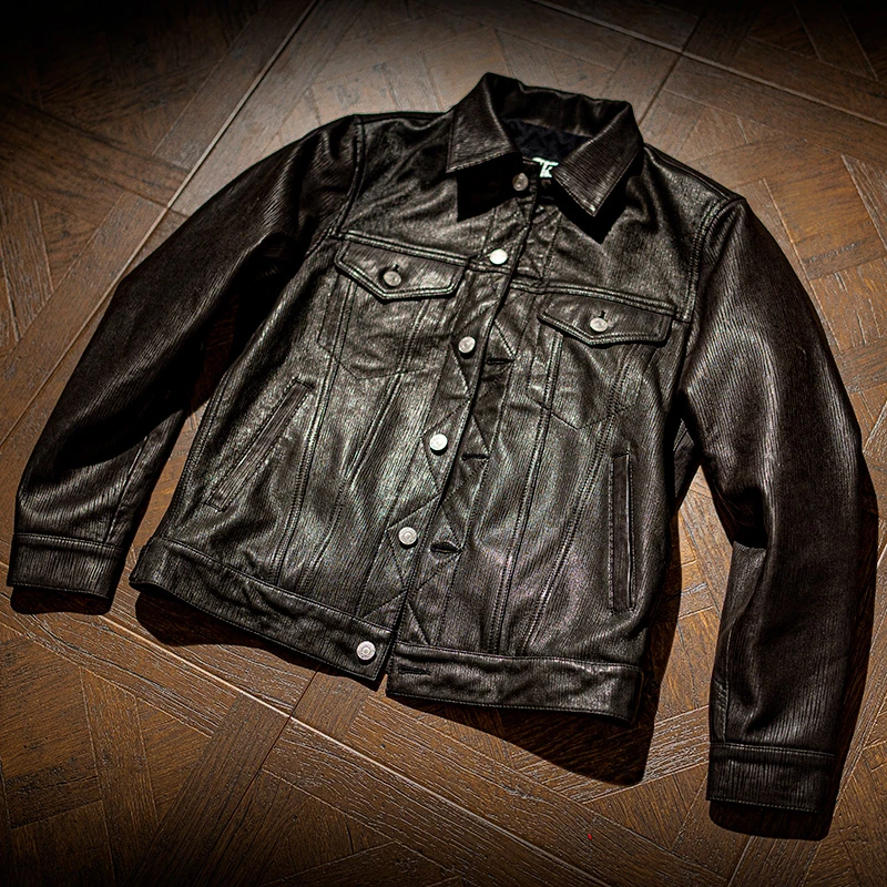 男士绵羊条纹机车外套真皮皮衣夹克翻领2019-34黑色牛仔短款休闲