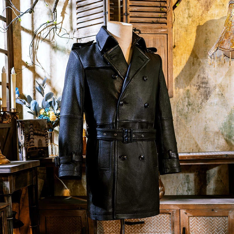 经典西装领山羊皮风衣男中长款时尚外套男真皮皮衣皮夹克风衣331