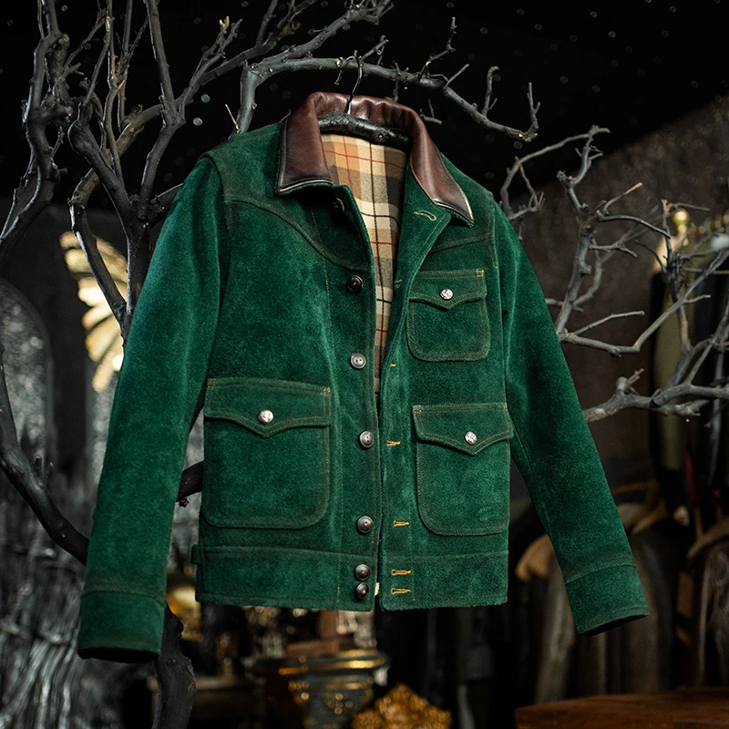 莫臣新款男士真皮皮衣复古反绒牛皮短款时尚绿色皮夹克FRL2472