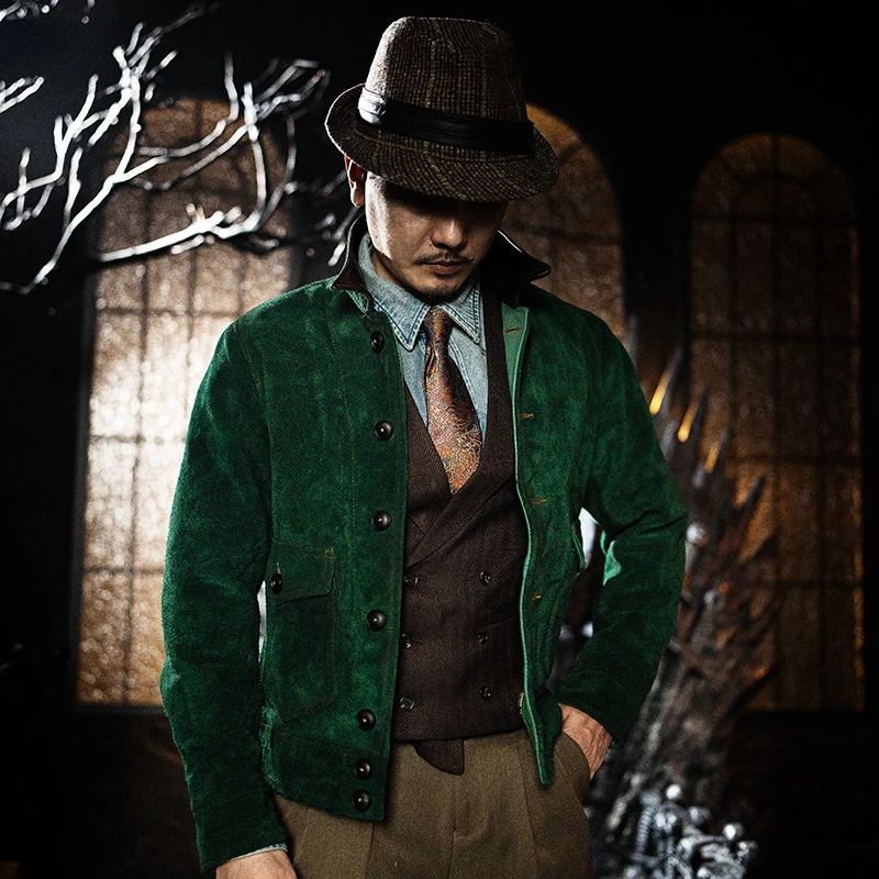 莫臣男士新款春秋翻领翡翠绿反绒牛皮 真皮皮衣复古老钱风FRL072