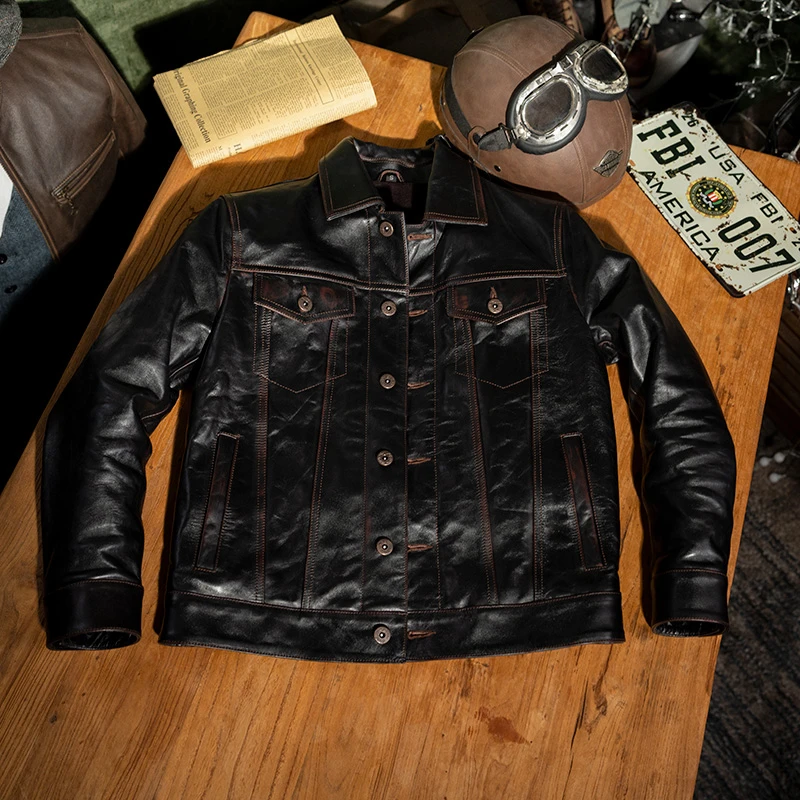 莫臣男装马皮红茶芯牛仔款单排扣皮衣机车皮衣皮夹克19-34