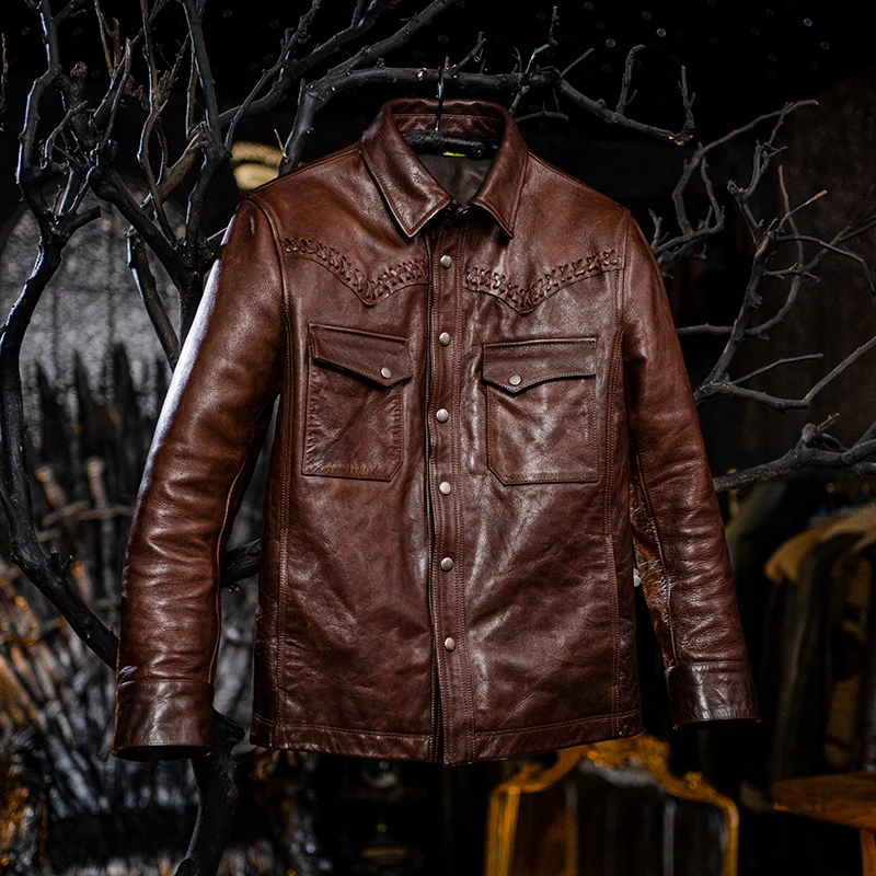 莫臣男装真皮皮衣春秋编织衬衫翻领修身男士真皮夹克油蜡牛皮L717