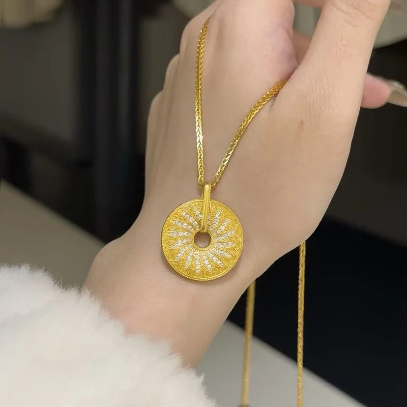 项链古法镶嵌石时来运转太阳花金色吊坠项链女高级感复古