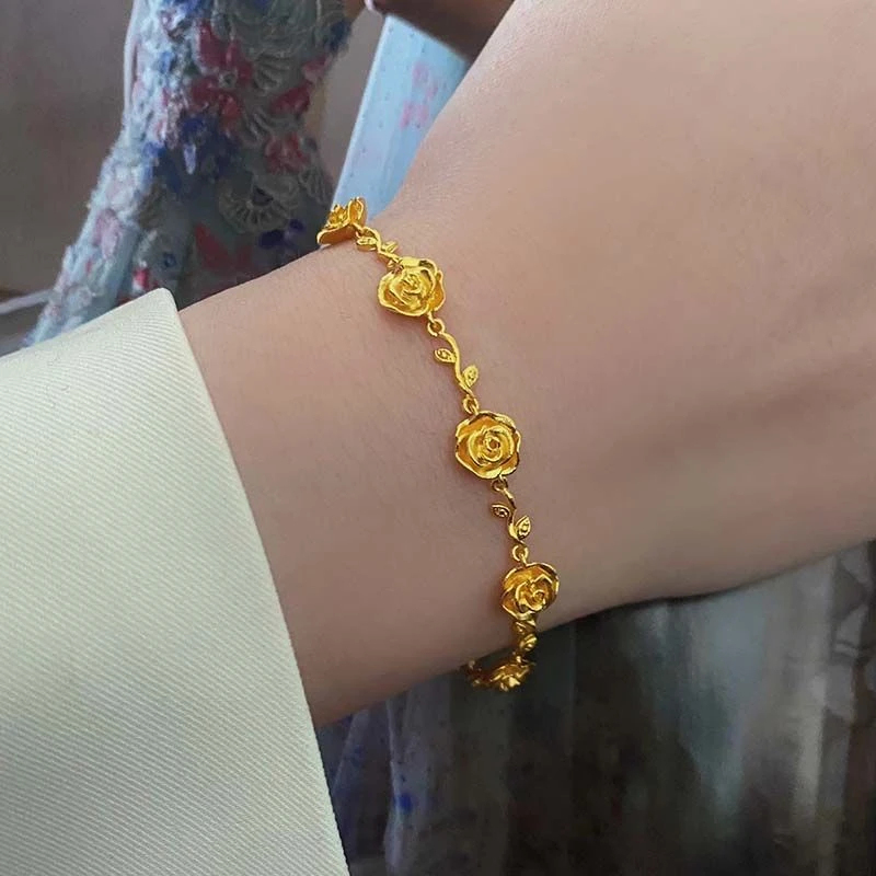 黄金色玫瑰花手链女新款金色花朵首饰时尚生日礼物送女友小众高级