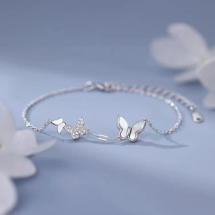 925银手链 白贝蝴蝶手链女通体银精致甜美冷淡风in风少女