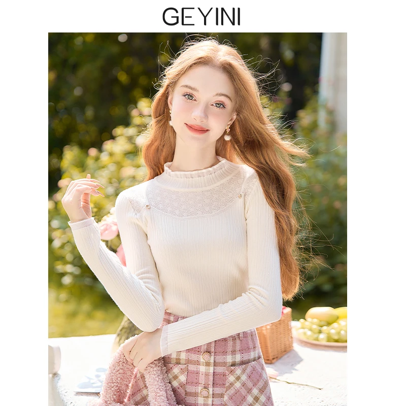 歌依妮半高领毛衣针织衫女2025年新款秋冬白色法式内搭上衣打底衫