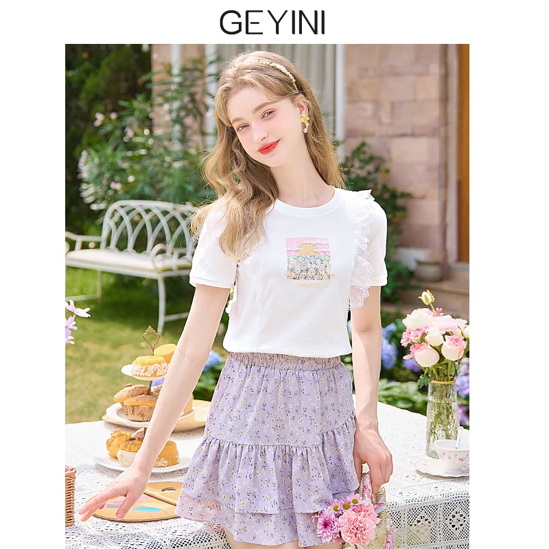 歌依妮2025夏女纯棉法式短款洋气独特别致白色蕾丝小个子T恤上衣