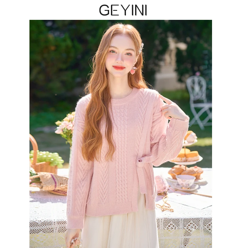 粉色设计感套头麻花毛衣女秋冬2025新款温柔风慵懒小个子针织上衣