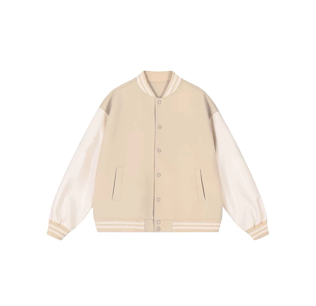 重磅美式绣植毛呢外套杏色单排扣棒球服男女潮