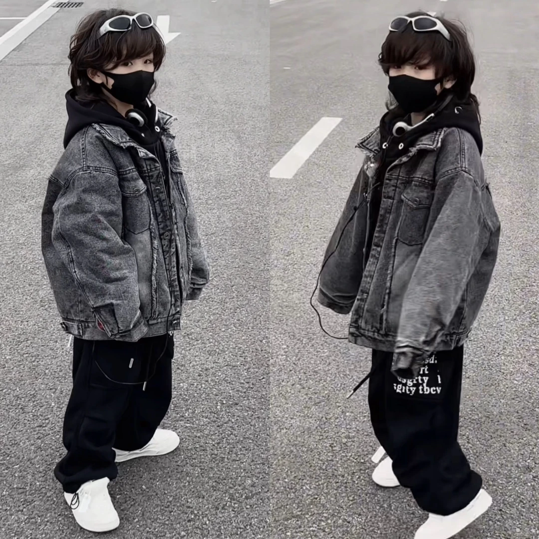 一乐乐家冬款新款2024儿童复古水洗美式拼接夹棉牛仔外套加厚上衣