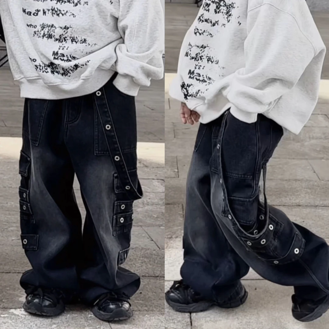 一乐乐家儿童冬款加绒宽松复古重工高街多气眼简单大气直筒牛仔裤