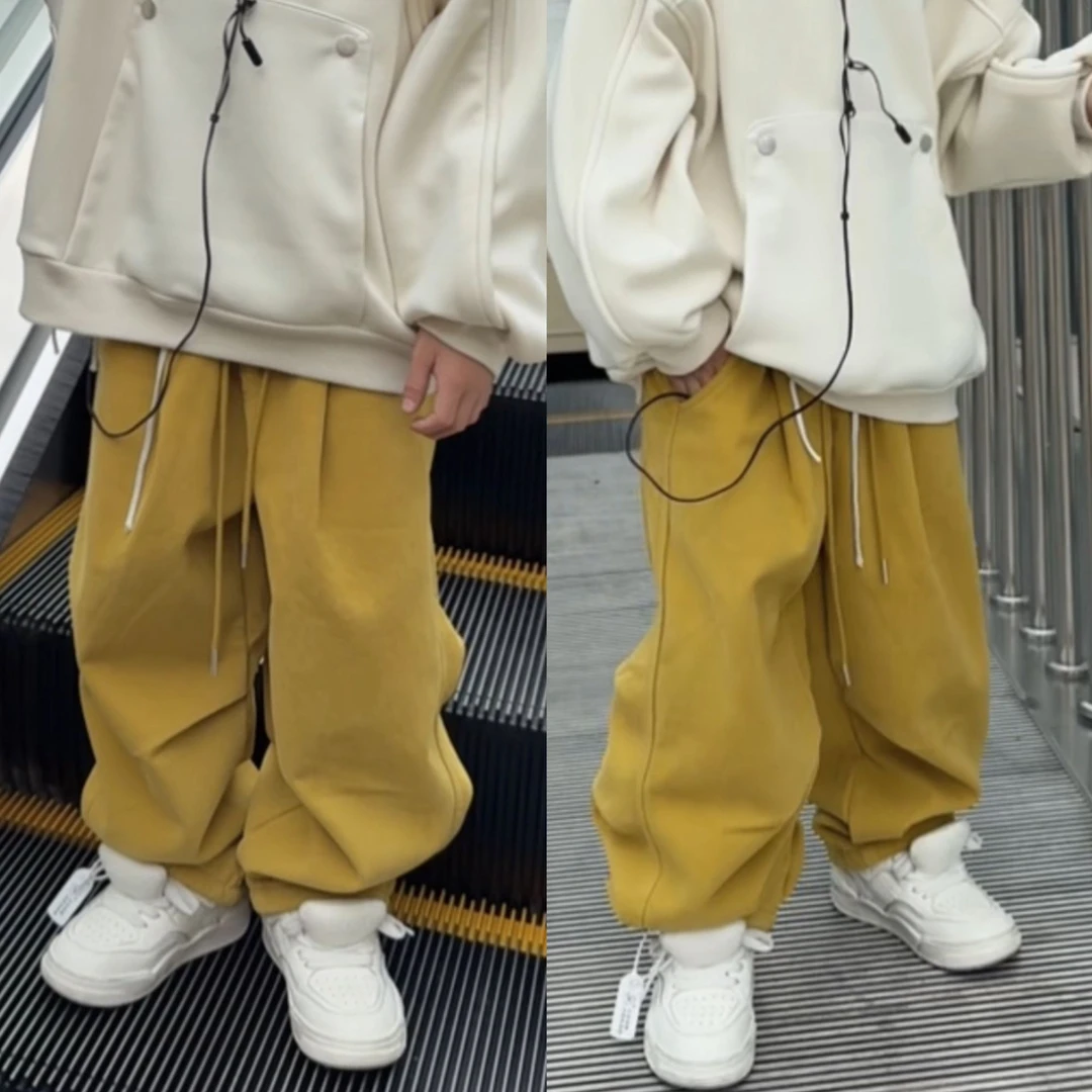 一乐乐家儿童冬款加绒一体绒弧形弯刀裤休闲慵懒百搭宽松长裤