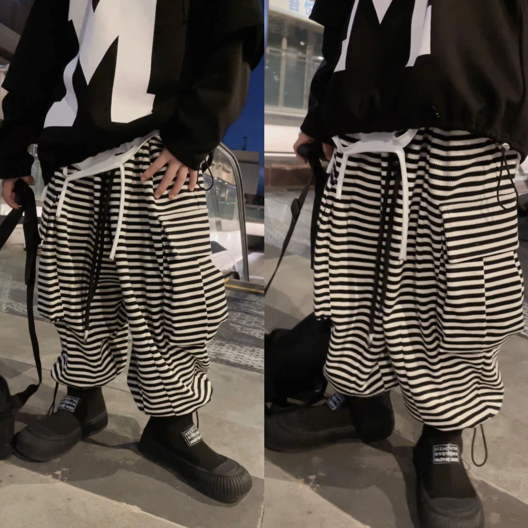 乐乐家儿童宽松休闲裤条纹潮流百搭【条纹立体口袋】嘻哈工装裤