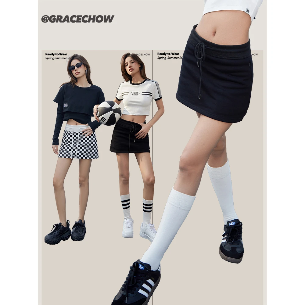GRACE CHOW【周扬青】辣辣裙 针织抽绳高腰黑白格a字半身裙显瘦短裙