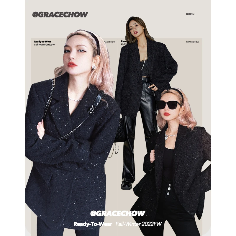 GRACE CHOW【周扬青】秋冬花纱呢银线重工小香风宽松休闲西装外套