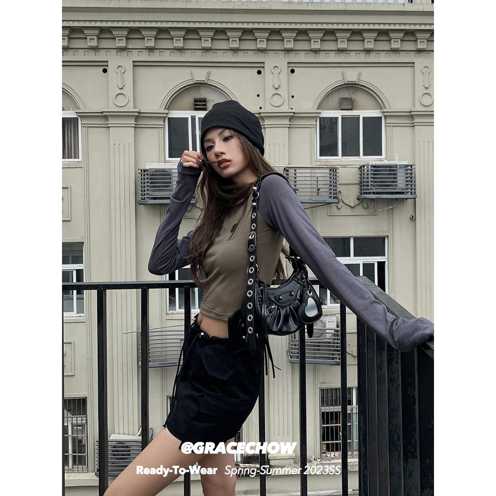 GRACE CHOW【周扬青】y2k美式女高生甜辣插肩袖t白粉绿三色四码可选