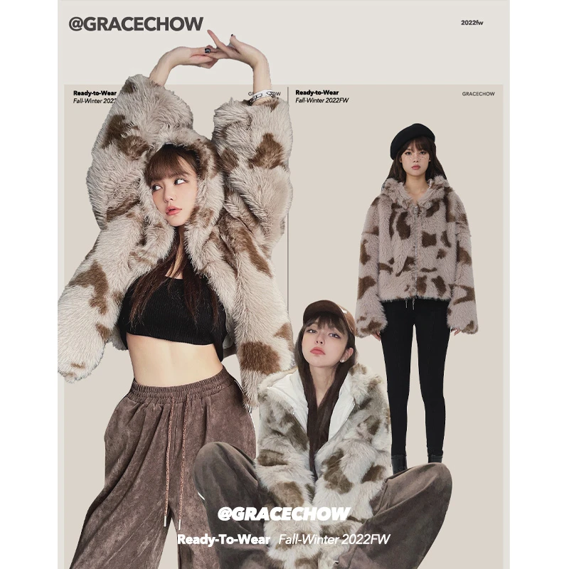 GRACE CHOW【周扬青直播】 秋冬宽松毛领毛绒拉链保暖外套女装加厚